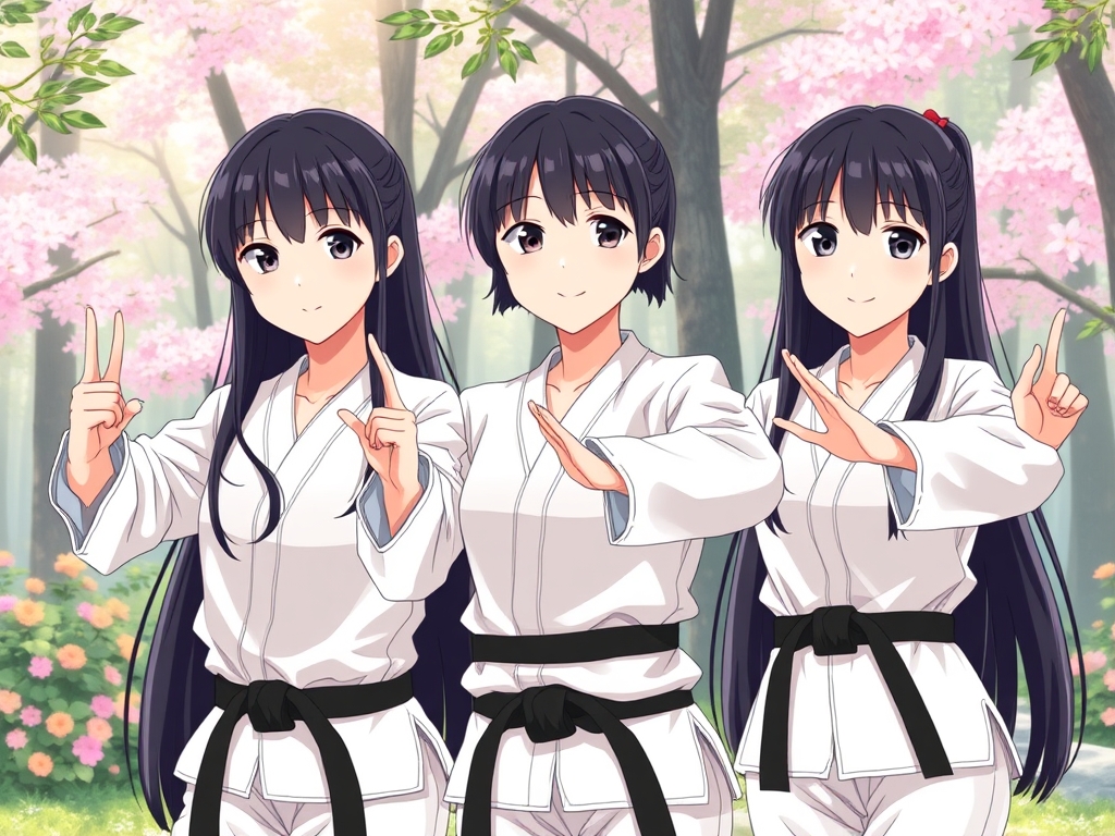 عکس سه تا دختر سه قلو و شبیه هم که تکواندو کار هستند و در حال تمرین تکواندو هستند و هر سه تاشون موهای خیلی بلند و مشکی دارند و هر سه تاشون لباس تکواندو پوشیدند و کمربند مشکی دارند و لبخندی ملایم دارند و پشت سر آنها جنگلی پر از گل زیبا است4
