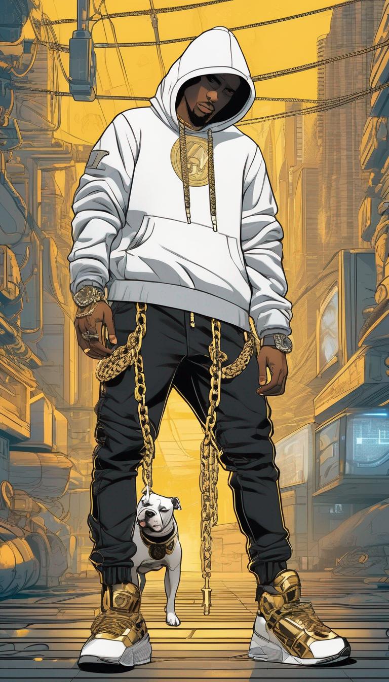 مردی با لباس هودی و شلوار سیاه و کلاه بر روی سر و چند زنجیر طلا و کفش طلایی و ایستاده کنار سگ پیت بول و پس زمینه و سبک سایبرپانک با جزئیات زیاد14