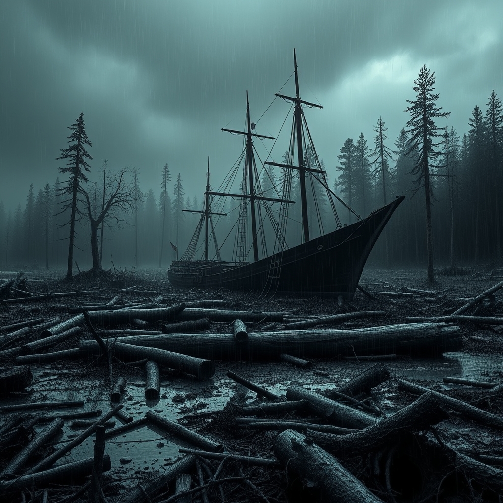 جنگل تاریک و داغون بارون به رنگ مشکی طاعون چوب های تو لجن کشتی ما بود خونه من تو دریا ساختن بدون انتخاب توی دریا باختم اما از همینا فردا ساختم و زندگیم رو ندادم چنتا راهزن نمی خواستم تو دریا باشم اما تصمیم گرفتم دریا باشم حالا ساخته میشن ابر ها با من من میتونم هر جا باشم 
این عکس را ترسناک و سیاه و سفید طراحی کن 4