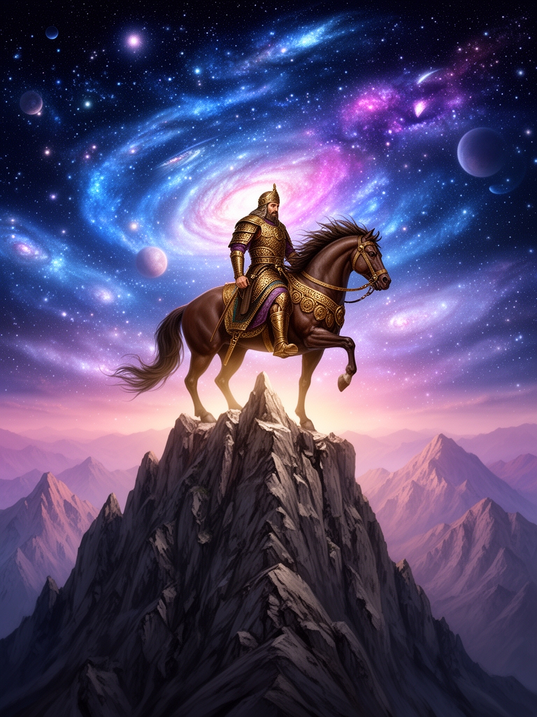 عکس پس زمینه کوروش کبیر سوار بر اسب در روی قله ی کوه و کهکشان ها سیاره ها در آسمان5