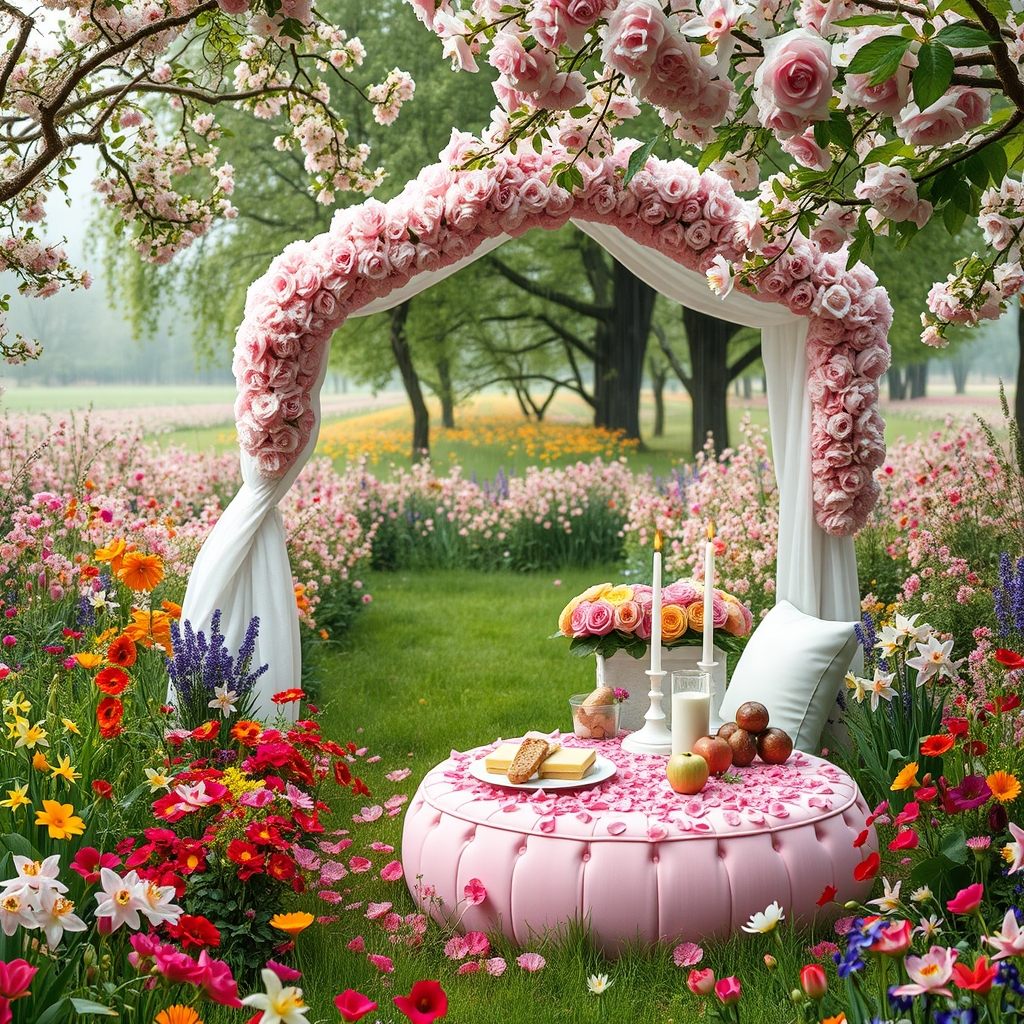 در صبح بهاری بارانی دشت سبز پر گلها پر رز لی لی یم ارکیده اطلسی شب بو مریم نرگس نسترن یاس سنبل سوسن در احاطه درختان پر شکوفه زیر تونل بلند از گل های رز صورتی و سرخ یک خیمه توری گل بهی سفید و صورتی با تخت گرد صورتی با کوسن های سفید پر از گل های رز صورتی و میز کوچک سفید با تزیین شمع و رز صورتی نان کره خامه عسل میوه انار انگور سیب شیر شیر برنج گردو خرما
21