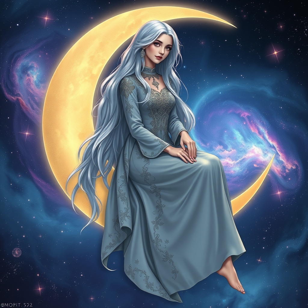 دختری با لباس زیبا که روی ماه نشسته و موهای بلند نقره ای رنگ دارد8