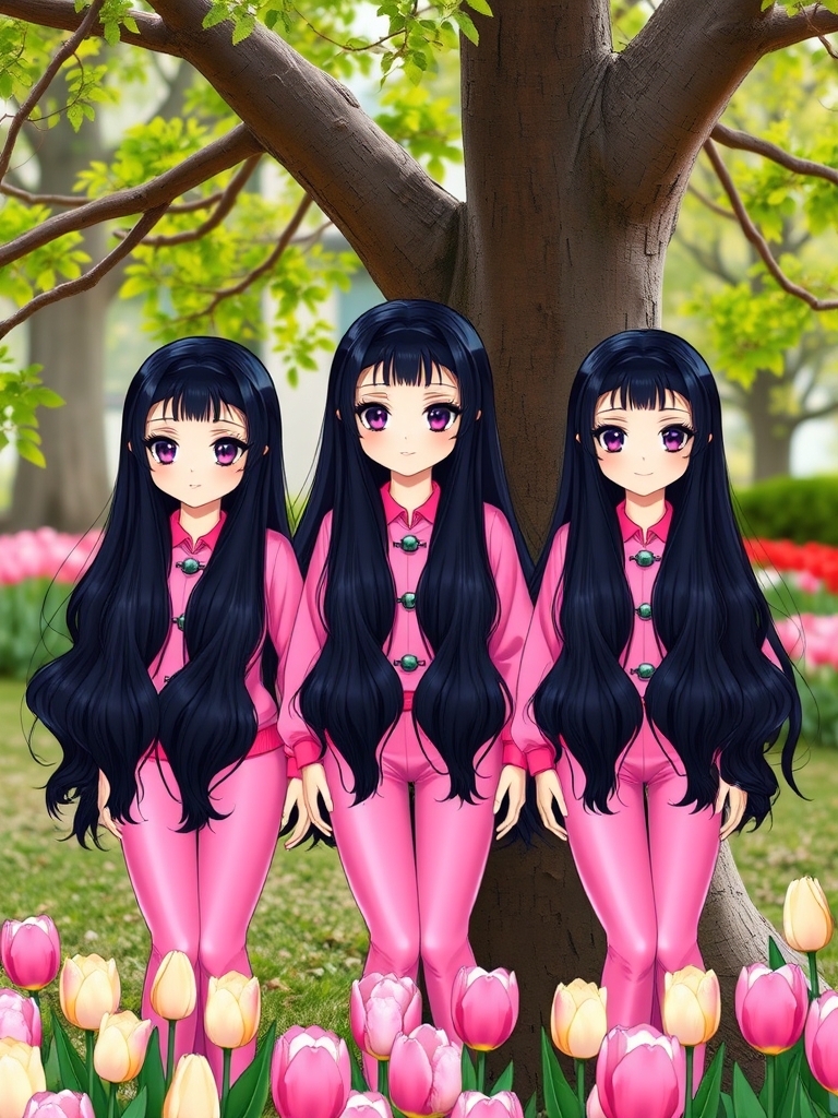 سه قلوها،سه خواهر سه قلو که خیلی شبیه هم هستند و لباس هر سه تاشون سرخابی و براق است و موهای خیلی بلند و مشکی دارند و درکنار یه درخت ایستاده اند و زیر پاهایشان لاله زار است و آرایش دارند
10