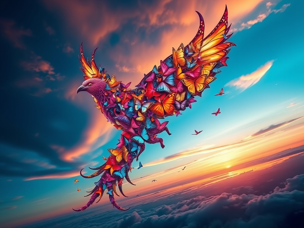 یک ققنوس ساخته‌شده از پروانه‌های رنگارنگ، در حال پرواز در برابر آسمان غروب.17