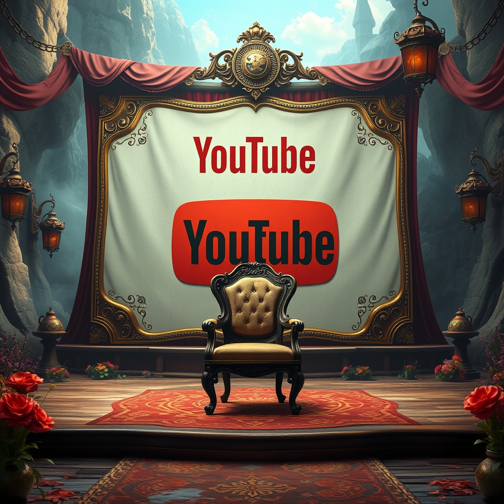 یک یک استیج خفن و یک صندلی از زاویه روبرو با دوربین و لوح بزرگ یوتیوب از زاویه روبرو1