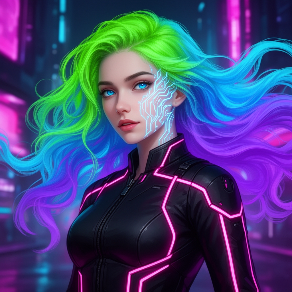 دختر «کرونومموری + نوروفایبر» با موهایی که مثل موجهای نئون از ریشه تا نوک تغییر رنگ میکنن (سبز، آبی، بنفش) و روی صورتش، فقط از چونه تا وسط لپ، بعضی رگها مثل خطوط دیجیتال و نئون میدرخشن. پوست روشنی داره
چشم های آبی نافذ و لباس سایبرپانکی مشکی با خطوط نئون صورتی1