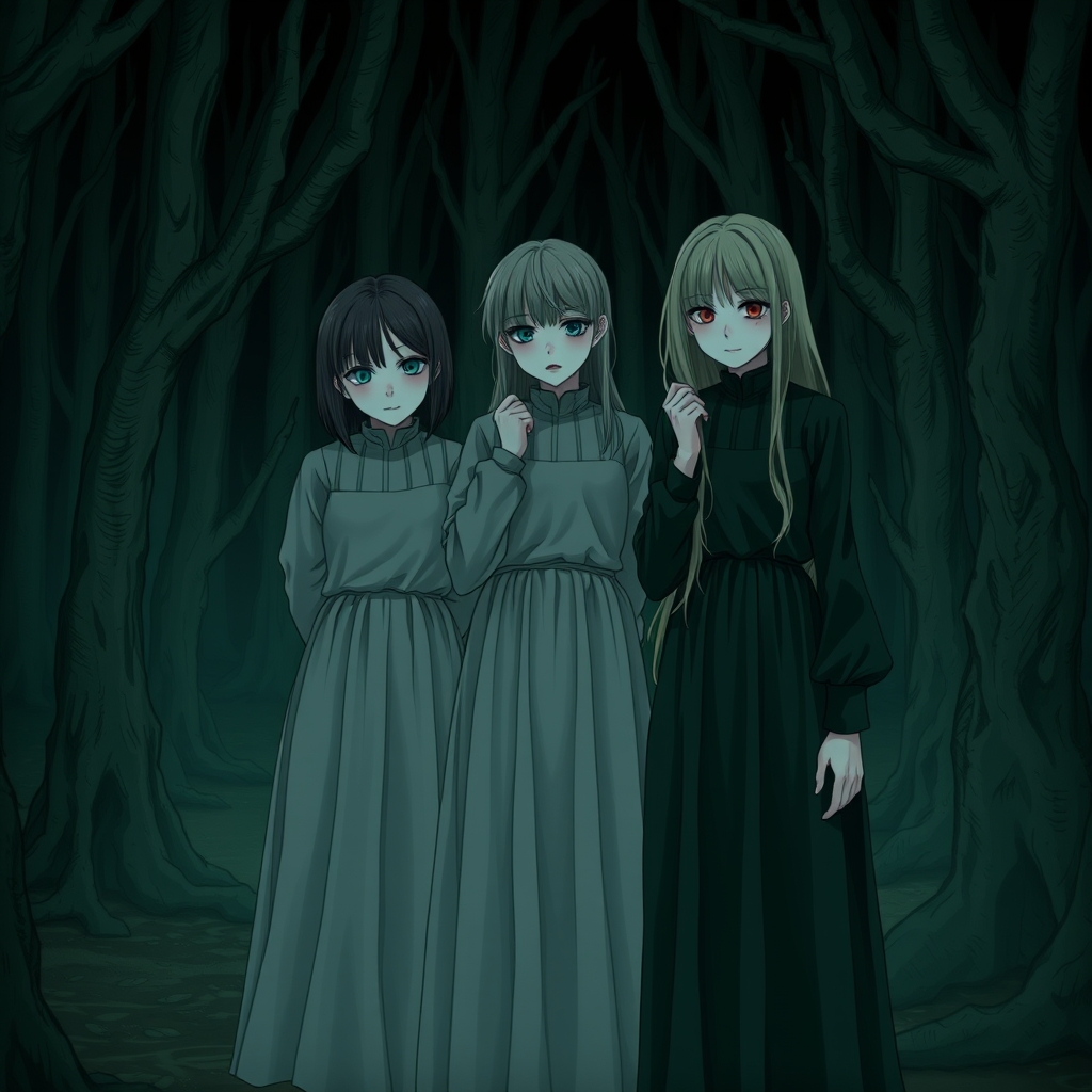 عکی س سه دختر به که یکی مو های کوتاه و دیگری مو های بلندی دارد  ان ها مو هایشان را بغل زده اند آنها در تاریکی شب در جنگلی خوفناک به شکلی ترسناک هستند7