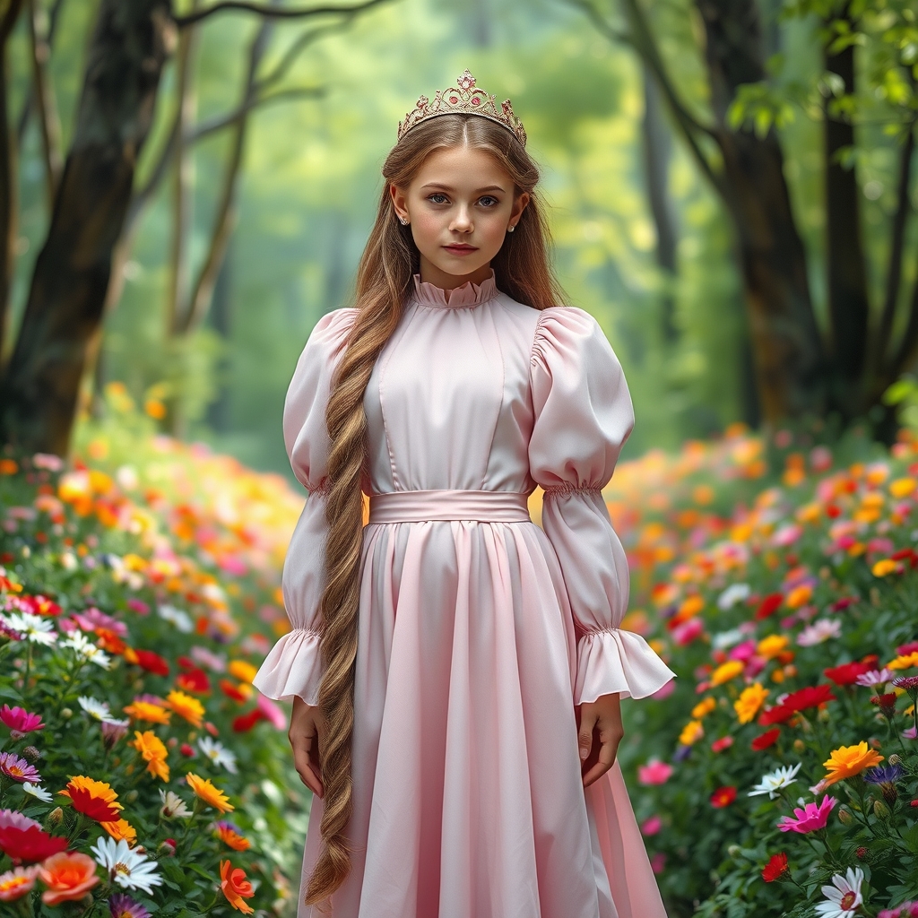 راپنزل ولی با لباس صورتی ملایم پفدار تاج ضریف کفش زیبا در جنگل پر از گل 5