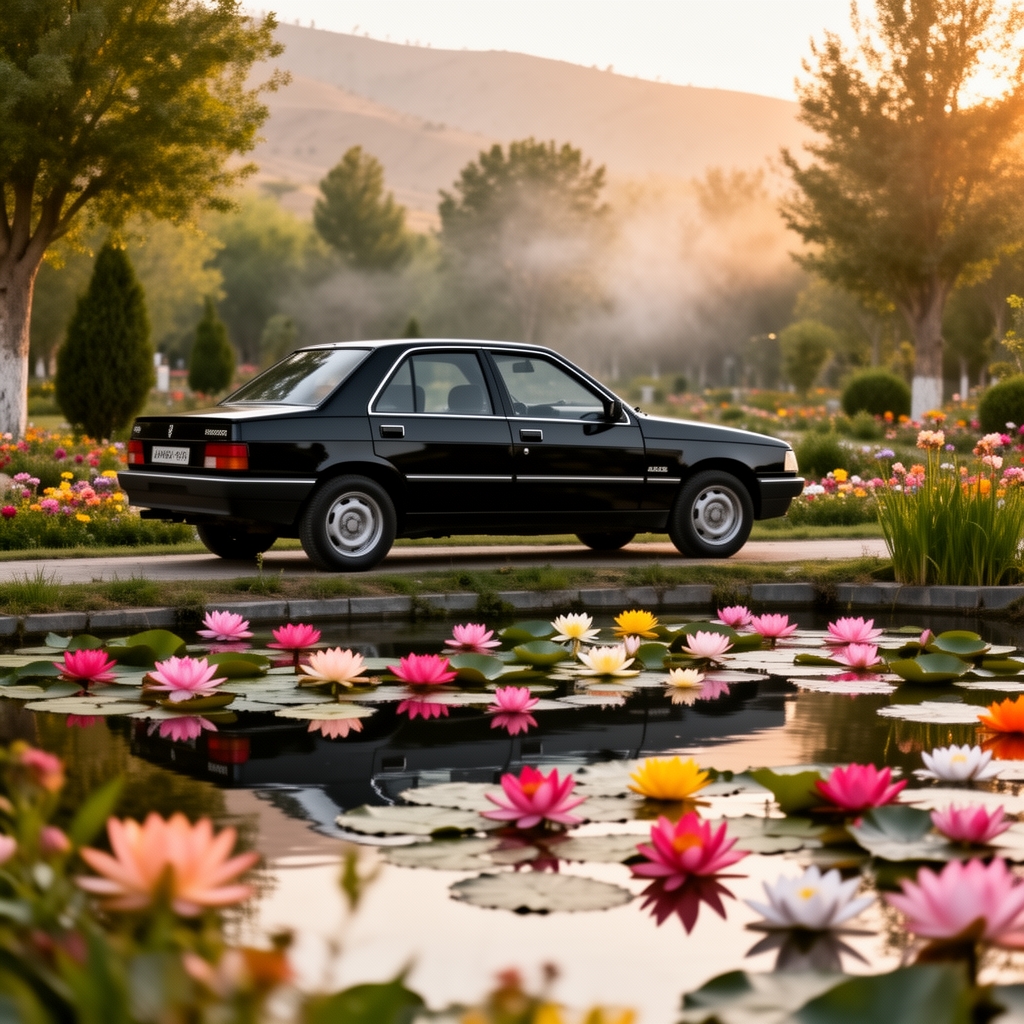 یک ۴۰۵ پژو سیاه ایرانی در اردبیل در کنار حوض پر از گل 0