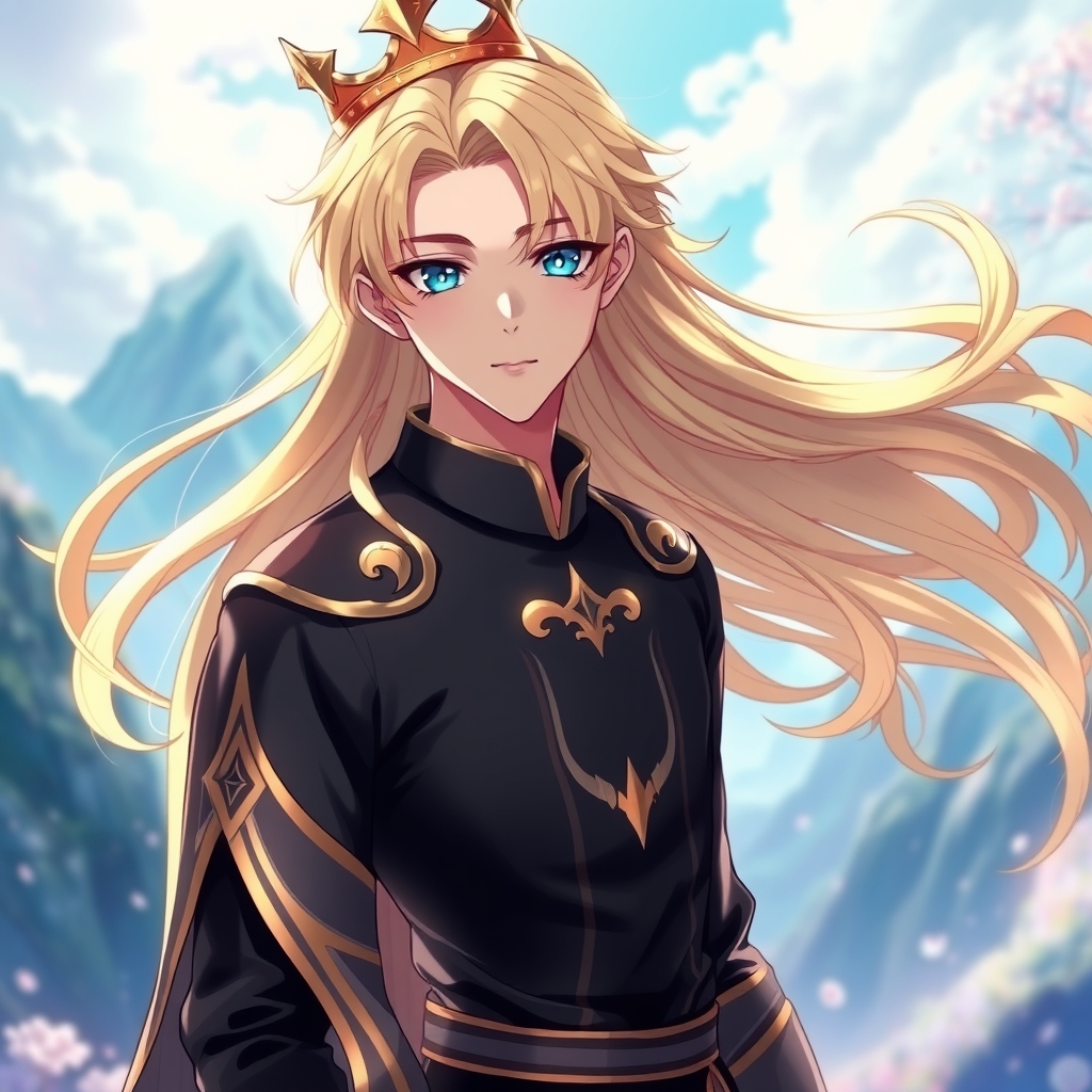 زیباترین مرد جوان در جهان حتی در رویایی که شکوه خدا را داشته باشد که نظیر آن در دنیا نباشد که همه بهش سجده کنند با موهای طلایی رنگ حالت دار موج دار براق و درخشنده با چشمانی کریستالی آبی رنگ که در مردمکش زیباترین دریا واقع شده است و با لباس سلطنتی مشکی طلایی رنگ براق جذاب و با تاج طلایی برسر در جای رویایی تر از رویایی 5