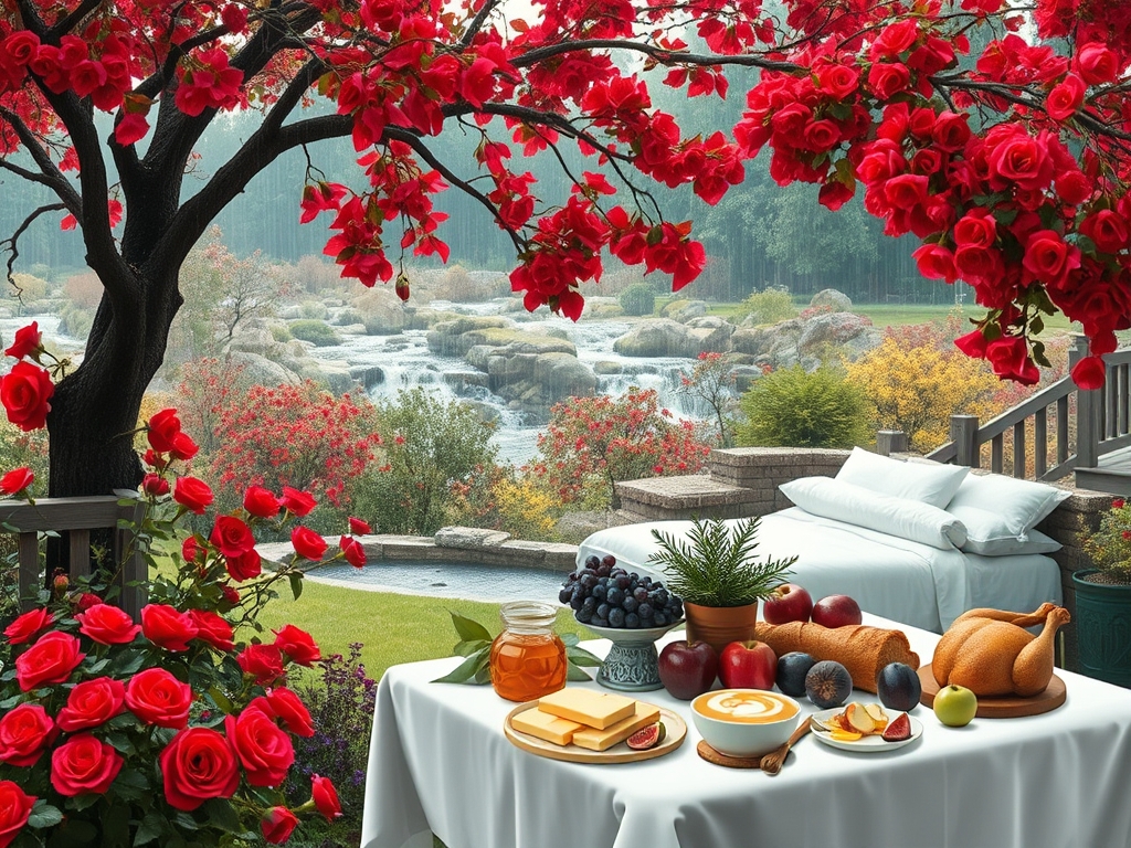  باغ بارانی پر گل سرخ زیر سایه یک درخت با برگ های سرخ یک تخت خواب ساده سفید یک میز سفید پر نان کره خامه عسل انگور انار سیب انجیر مرغ بریان و رودها و آبشارها جاری ست20
