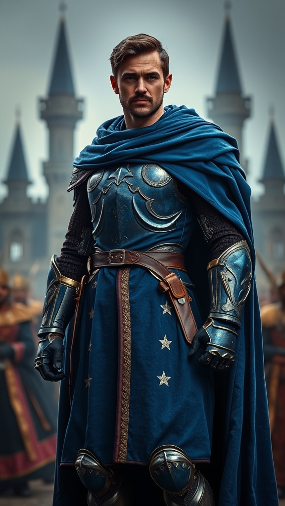 یک شاهزاده خوشتیپ شنل آبی دار زره پوش که زره او طرح ستاره است آبی رنگ و تمام قد در یک قاب پسزمینه
امپراتوری بزرگ فادوو12