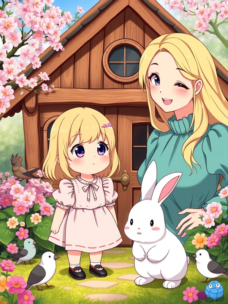 یه دختر بچه ی ناز و تپلی با موهای طلایی و چشمهای بنفش و پیراهن پف پفی جلوی یه کلبه ی چوبی خوشگل ایستاده و همه جا پر از شکوفه های رنگارنگ است و چند پرنده و یک خرگوش تپلی سفید که با دختربچه دوست است ، مادر زیبایش با هیکلی زیبا و موهای بلند طلایی و چشم های بنفش و پیراهن پفی فیروزه ای با لبخند به دخترش نگاه میکند، سبک انیمه‌ای0