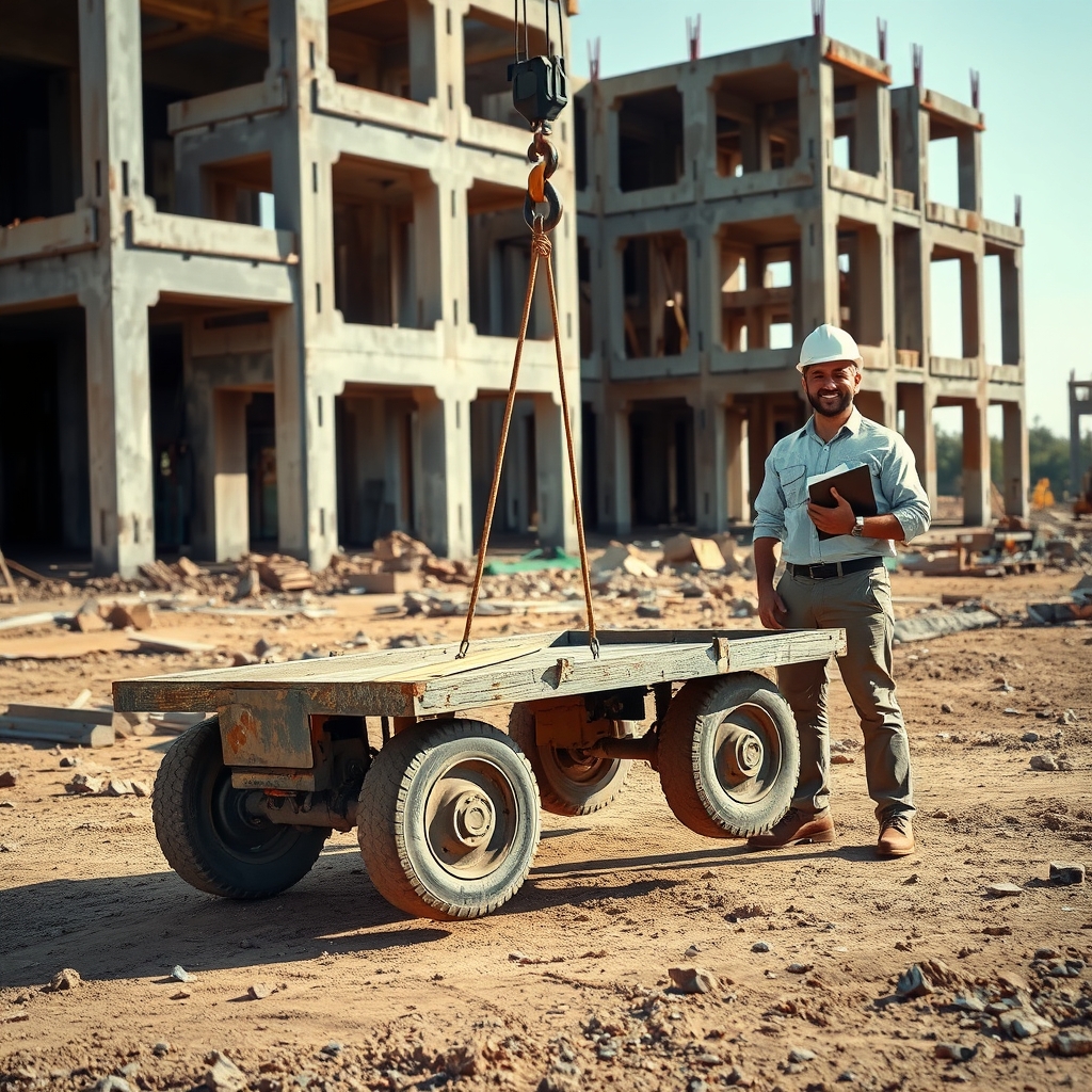 عکس خاور جرثقیل دار که در حال کشیدن یک گاری با چرخ های پنچر و داغون است

 چرخ های گاری گرد نیست و مربع شکل است

زمین خاکی و پر از نخاله ساختمانی است

این گاری و جرثقیل در یک کارگاه ساختمانی هستند که چند اسکلت بتنی نیمه ساز در آن قرار دارد

دو مهندس عمران یکی جوان و یکی با تجربه در حال تماشای جابجایی این گاری هستند

این دو مهندس در حال خندیدن هستند5