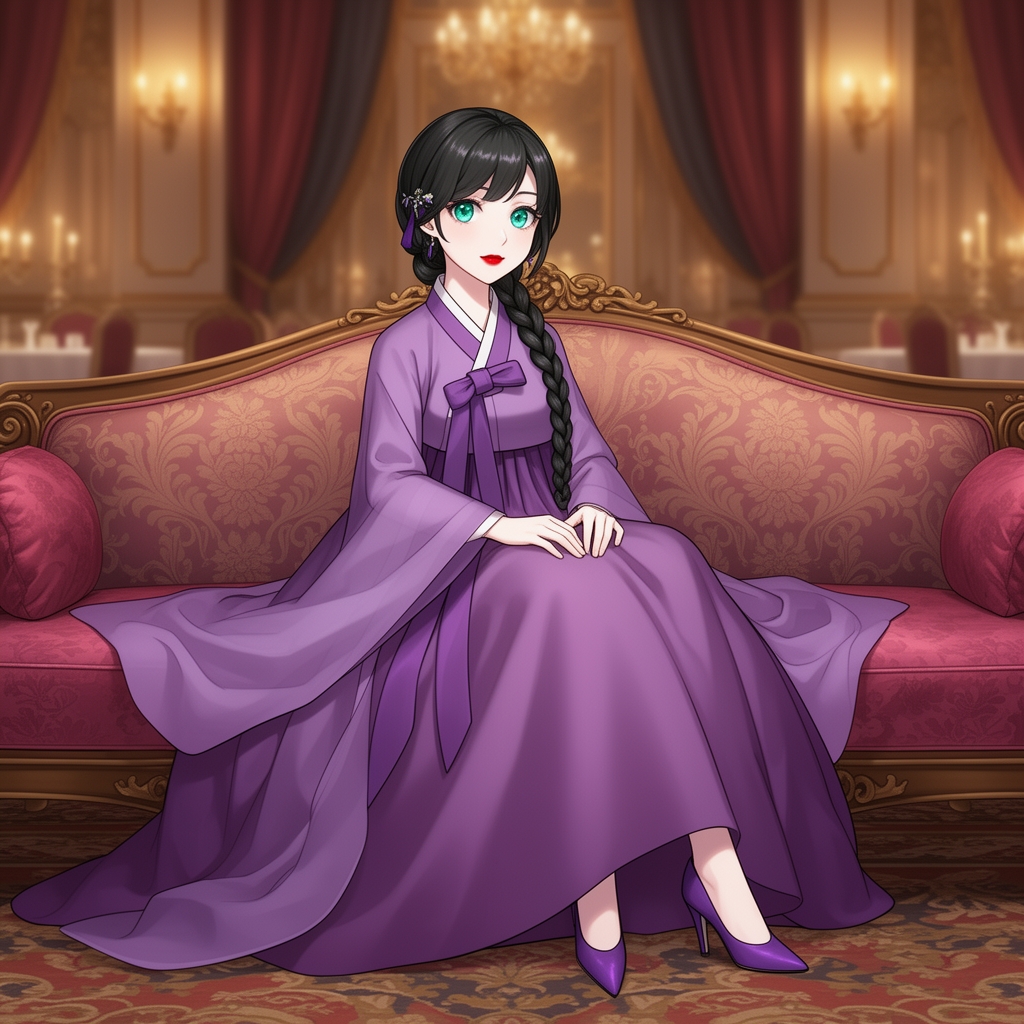 دختری با چشم های فیروزه ای  موهای  مشکی بافته شده با رژ قرمز ملایم با لباس هانبوک بنفش در اتاق استراحت پرنسس بسیار زیبا  روی یک مبل نشسته پر فیس و عفاده و با پوست سفید و کفش پاشنه بلند بنفش 2