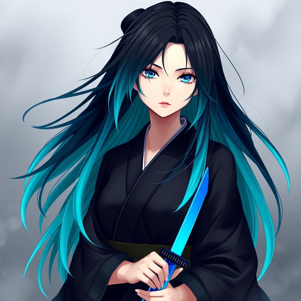 یه دختر قد متوسط با موهایی سیاه که ته موهاش آبی فیروزه ای پر رنگه با یه شمشیر آبی با یک کیمینو ئه سیاه که در مه ایستاده با چشمای آبی پر رنگ ، با موهای بلند که در جهت باد تکون میخورن با چهره ای بی رحم7