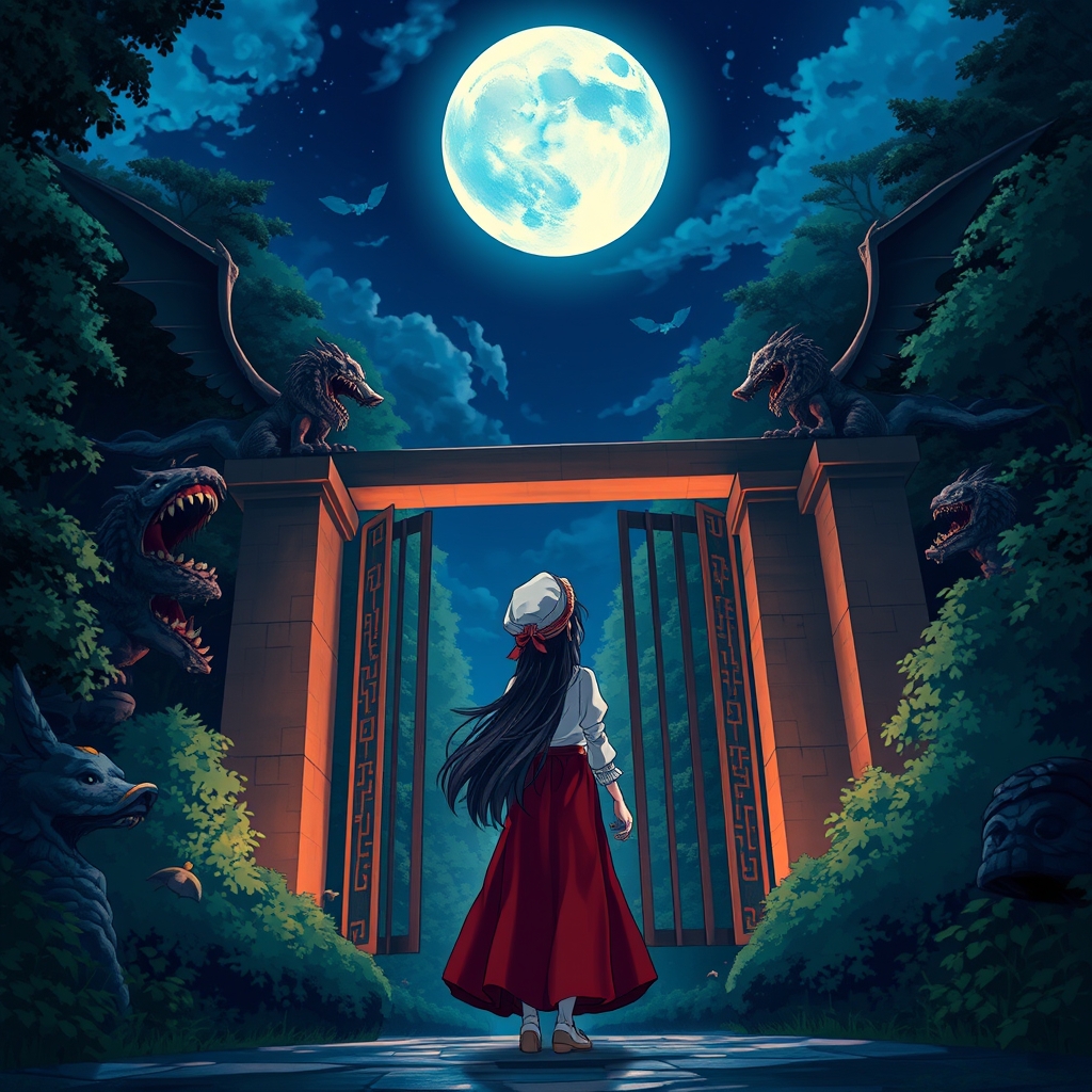 شب، جنگل، دروازه بلند با دو مجسمه هیولا بال دار با دندان های تیز، ماه بزرگ، دختری که به ماه نگاه میکند، دختر موهای مشکی لباس سفید دامن بلند قرمز دارد 
کیفیت عالی، ترکیبی از انیمه و فانتزی 4