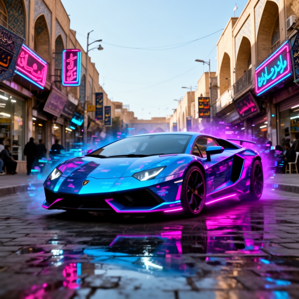یه ماشین لامبورگینی در خیابان های فرشته ایران البته با نمی تغییر خیابان و آسمان براق ماشین سایبر پانک و تغییر دیجیتالی21