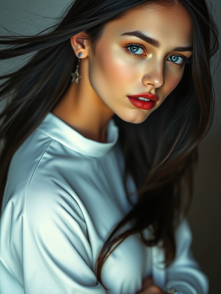 دختری با لباس سفید روشن با موهای بلند مشگی لبی سرخ رنگ چشم آبی رنگ گوشواره به شکل ستاره  دستبندی با نگین آبی23