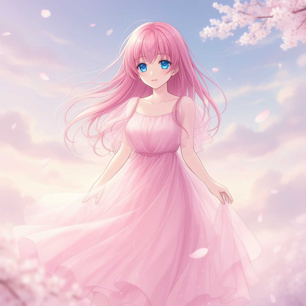 دختری رویایی با موهای صورتی و لباس توری صورتی با چشمان آبی 0