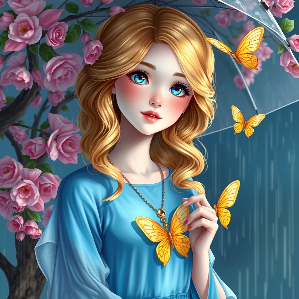 زیباترین زن جوان حتی در رویایی که شکوه خدا را داشته باشد که با چشمانی کریستالی آبی رنگ که در مردمکش زیباترین دریا باشد که با پوست سفید همرنگ برف و با گونه های قرمز و لبانی سرخ و با موهای طلایی رنگ حالت دار موج دار براق که در بین موهایش شکوفه صورتی رویایی باشد که زیباترین پیراهن تور توری که  بنفش اکلیری رویایی که زیباترین پروانه رویایی طلایی برویش حکاکی شده باشد برتن داشته باشد که با گوشواره های زیبا که چتر شیشه ای در دست  که در کنارش زیباترین درخت شکوفه صورتی رویایی باشد و باران هم درحال باریدن 5