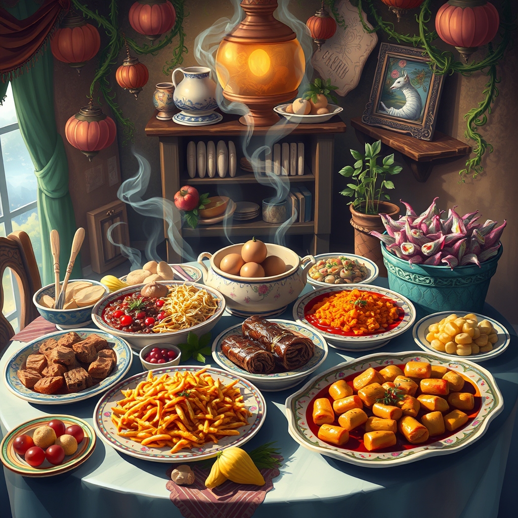 یک میز پر از غذاهای سنتی ایرانی از جمله:
فسنجان
دلمه
قیمه بادمجان
آبگوشت
فتیرمسکه2