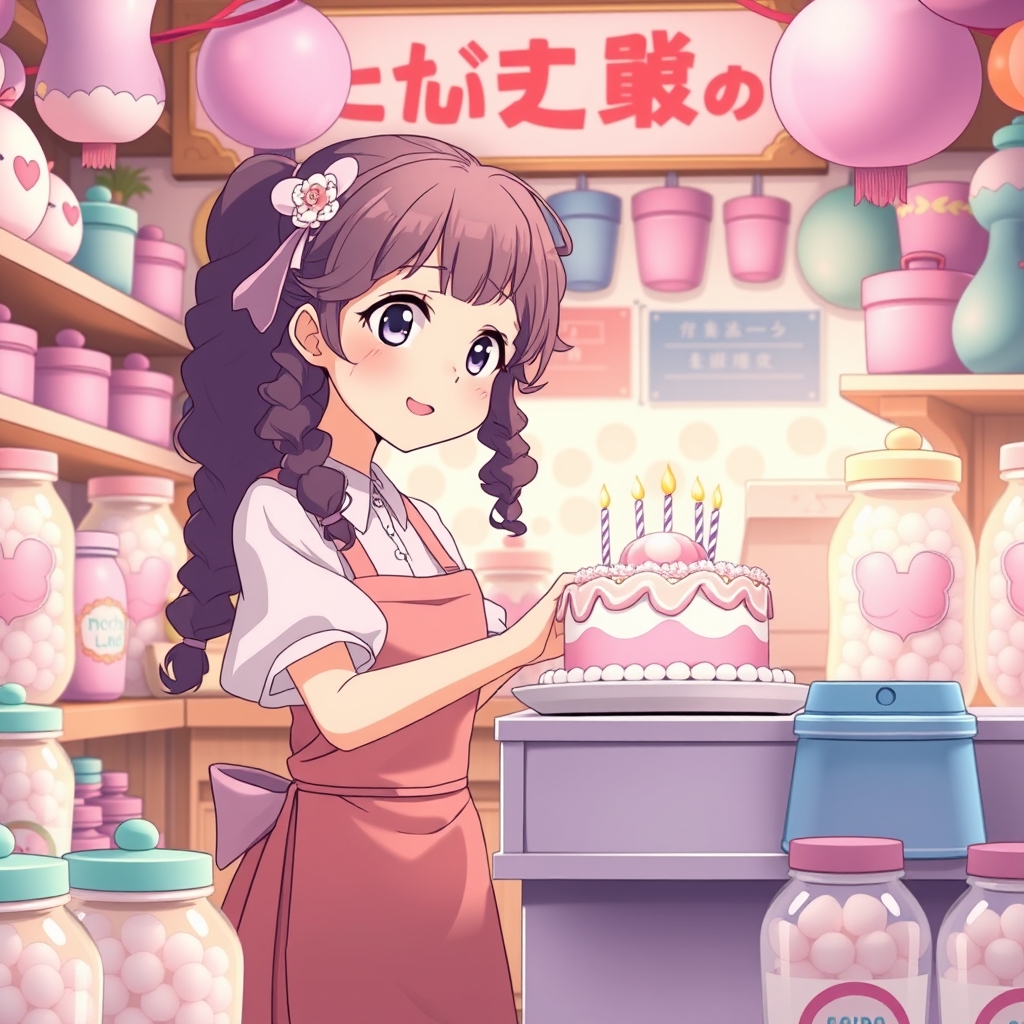 عکس دختری با موهای بلند و فرفری در حال پختن کیک تولد و موچی با اسم موچی لند و ظرفای دور برش و شلوغ با رنگای یاسی و بنفش و صورتی و ابی3