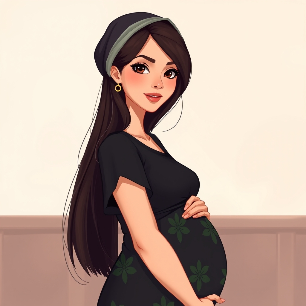 یک زن جوان بسیار زیبا با موهای بلند قهوه ای تیره و چشمهای قهوه‌ای و پوست روشن، باردار است و یک پیراهن کلوش کوتاه بدون استین پوشیده است رنگ پیراهن مشکی با طرح های سبز، 0