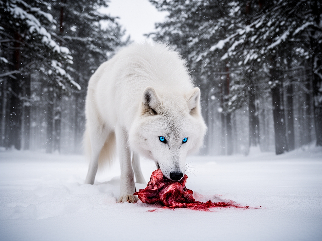 یک گرگ پر پشت و مو سفید با مردمک چشمان آبی در جنگلی برفی که باران برف وجود دارد چهار دست و پا ایستاده است و مو های گرگ کاملا سفید است و گرگ در حال خوردن گوشت است ولی به دوربین نگاه نمیکند ولی چشمان آبی اش دیده میشود. بسیار بسیار بسیار بسیار بسیار واقع گرایانه 2