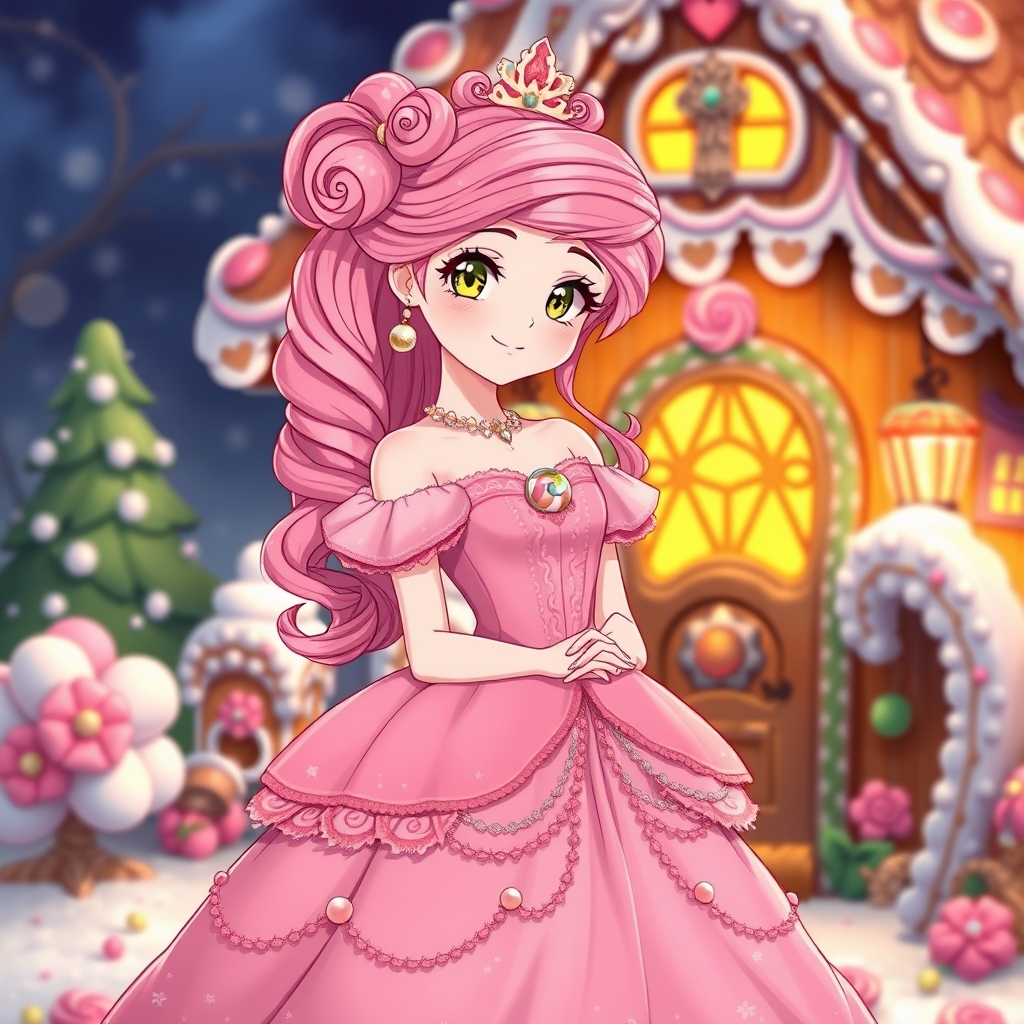 یک خانه ی آبنباتی پشت یک پرنسس زیبا که موهایش با آبنبات زینت داده شده و لباسش صورتی و خیلی زیباست11