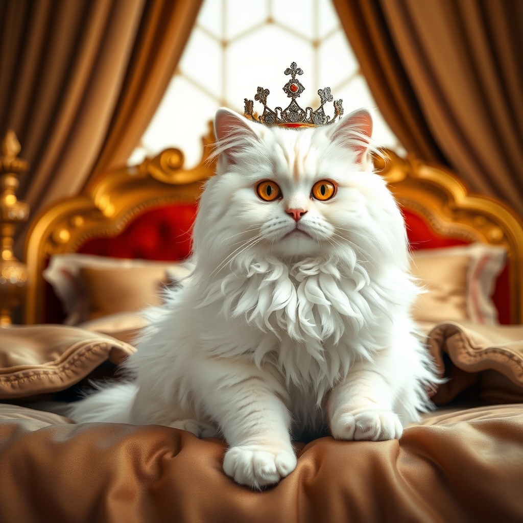 یک گربه سفید پرشین فلت چشم عسلی که تاج داره و روی تخت پادشاهی نشسته22