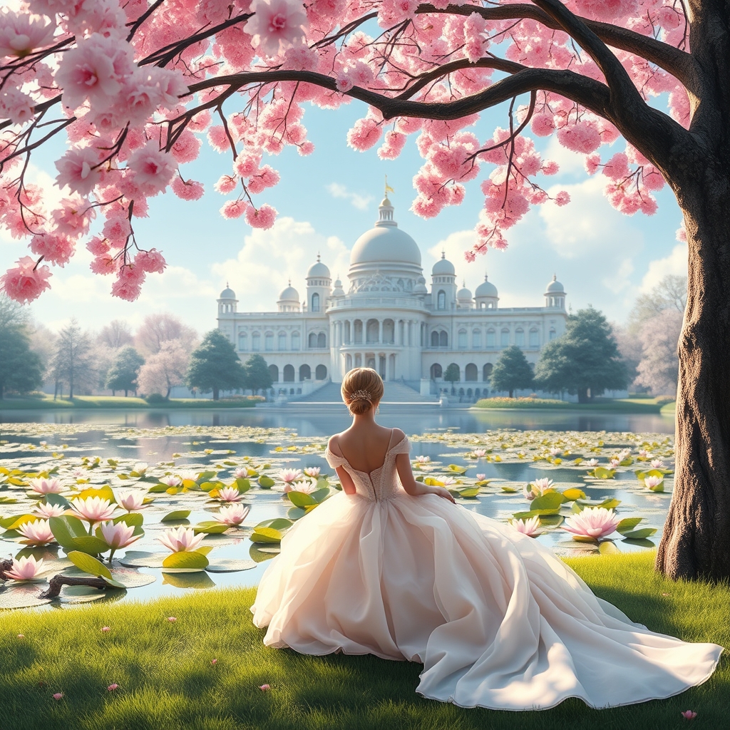 زیباترین شه دخت با فاخر ترین لباس در رویایی ترین پارک که مدرن ترین قصر در آنجاست زیر درخت شکوفه گیلاس نشسته و به دریاچه با گل نیلوفر مینگرد 0