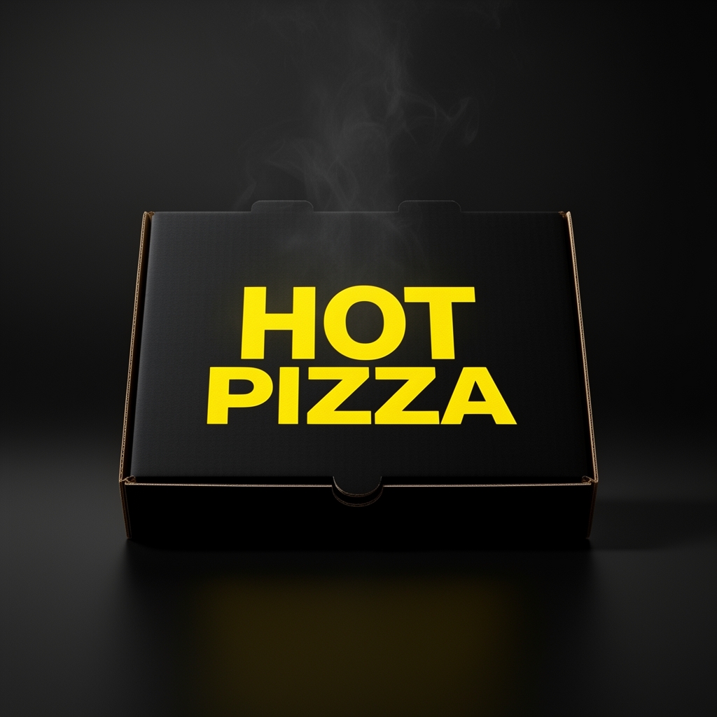 بسته‌بندی جعبه پیتزا با طراحی مینیمال و رنگ سیاه، روی جعبه با فونت زرد بزرگ نوشته شده "HOT PIZZA"، بخار بلند شده از جعبه.1
