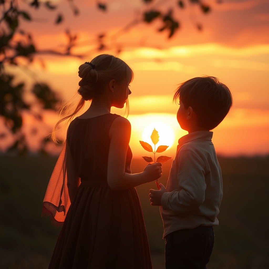 یک دختر و یک پسر که عاشق همن و به  غروب خورشید زل زده اندو برگ هم هستند خوشگل🥹🫂❤️🫶🏻3