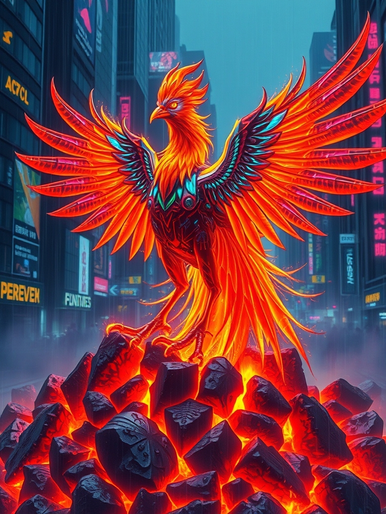 یک ققنوس برخاسته از زغال‌های درخشان، با بال‌هایی آتشین که گسترده شده‌اند.10
