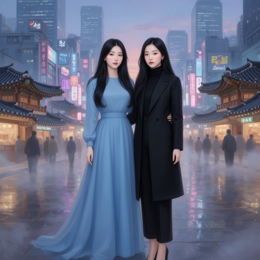 من و دوستم اگر دوتا دختر کره ایدر حال حاضر مو مشکی بودیم و لباس های دوستم ابی اسمانی و لباس های من مشکی باشد در مرکز سئول با ارایشی زیبا 0