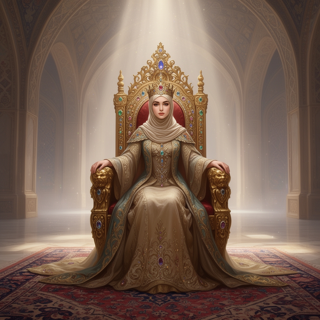 بانو همای زیبا اولین ملکه ی ایران محجبه(گلو و سینش پوشیده باشه ) بر روی تخت شکوهمند سلطنت3