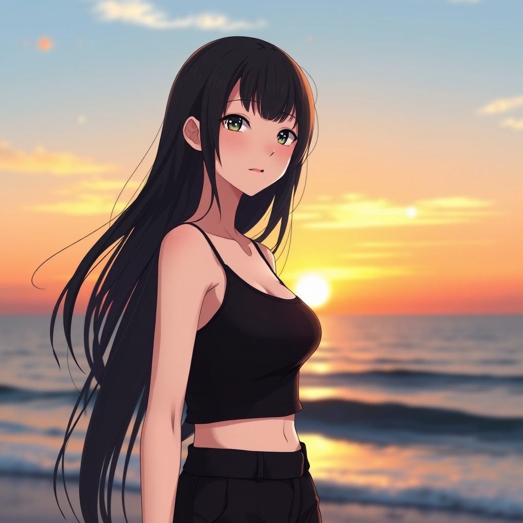 یک زن 28 ساله با نیمتنه ی مشکی با موهای بلند چتری که کنار دریا در تایم غروب ایستاده باشه و شکوارک مشکی تنش باشه 2