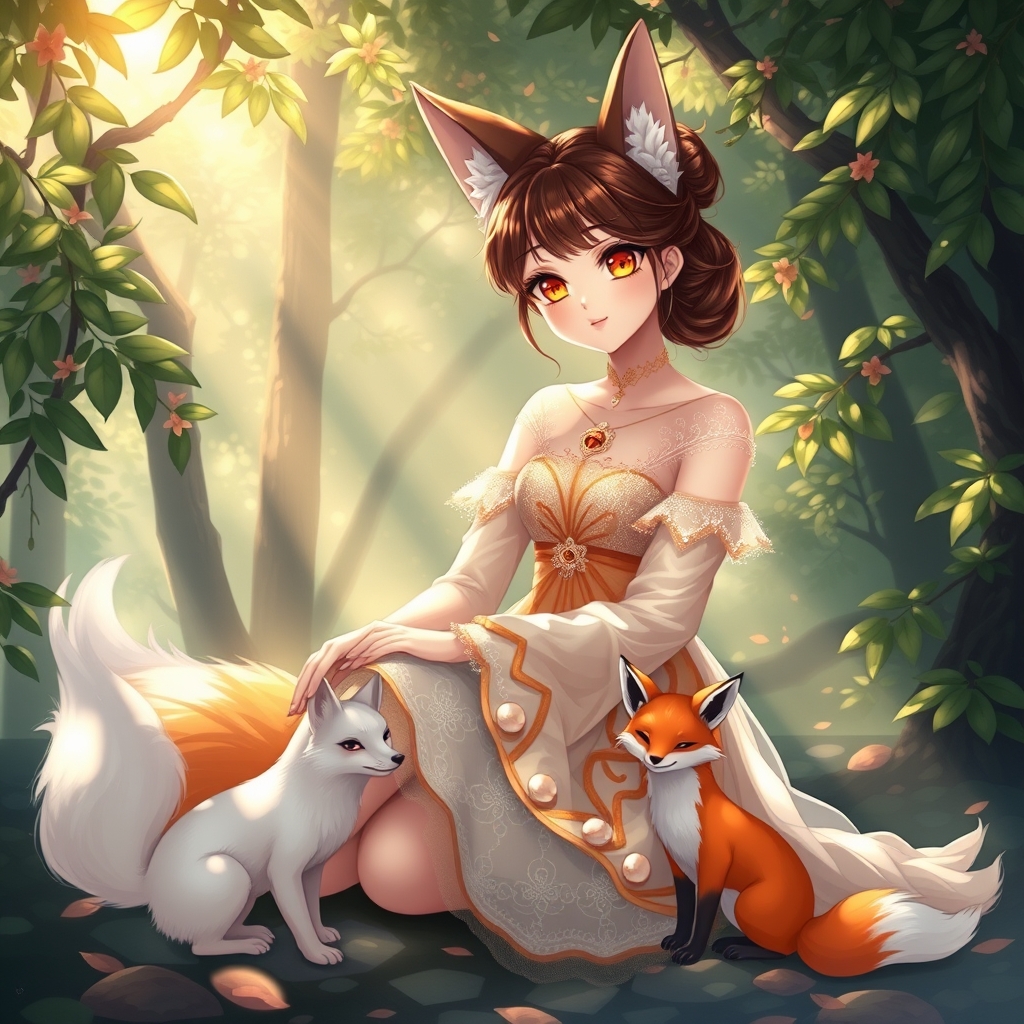 یک دختر نیمه روباه ونیمه انسان با موی بند قهوهای و لباس مرواریدی زیبا و درخشان سفید نارنجی و توری و با چشم هاینارنجی خیلی پرنگ و درخشان و چند روباه ناز که یکی سفید و اون یکی نارنجی یاشد دختره نشسته تو جنگل چینی1