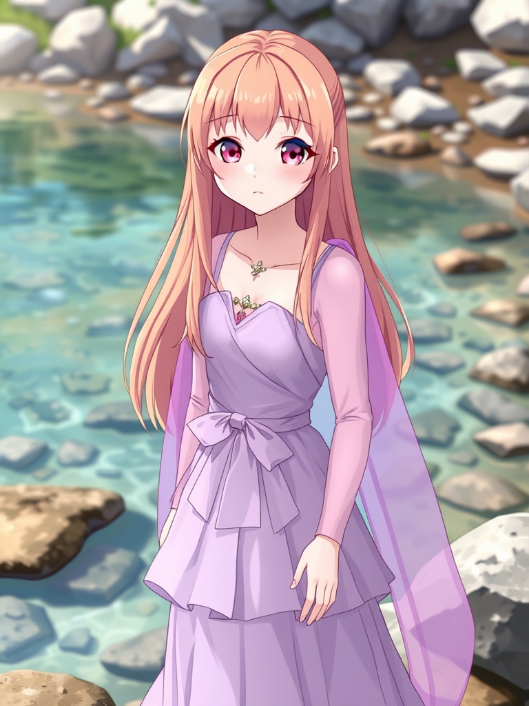 یک دختر زیبا با پوست سفید مثل برف،بینی کوچک،لب های گوشتی قرمز،چشمان درشت صورتی،مژه های بلند و صورت زاویه دار،با موهای بلند به رنگ رزگلد هم اندازه خودش که صافه و اطراف دخترک پریشان هست،جلوش چتریه،دختر در کنار یک چشمه زلال است،یه لباس بنفش پاستیلی زیبا هم به تن داره که چندین لایه هست و یه شنل حریر همرنگ لباس هم روی لباسشه،دختر در کنار ساحلی زیباست14
