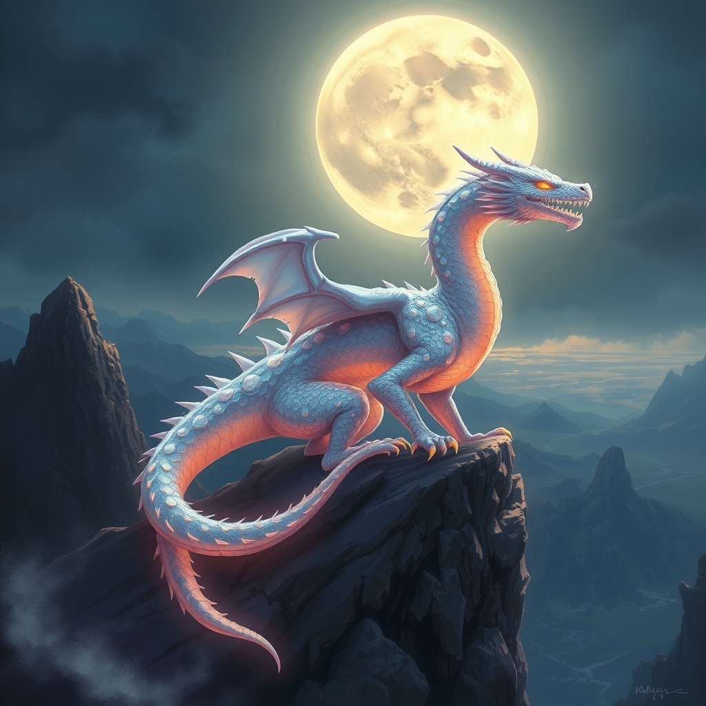 یک اژدهای کریستالی درخشان نشسته روی صخره‌ای زیر نور ماه کامل.5