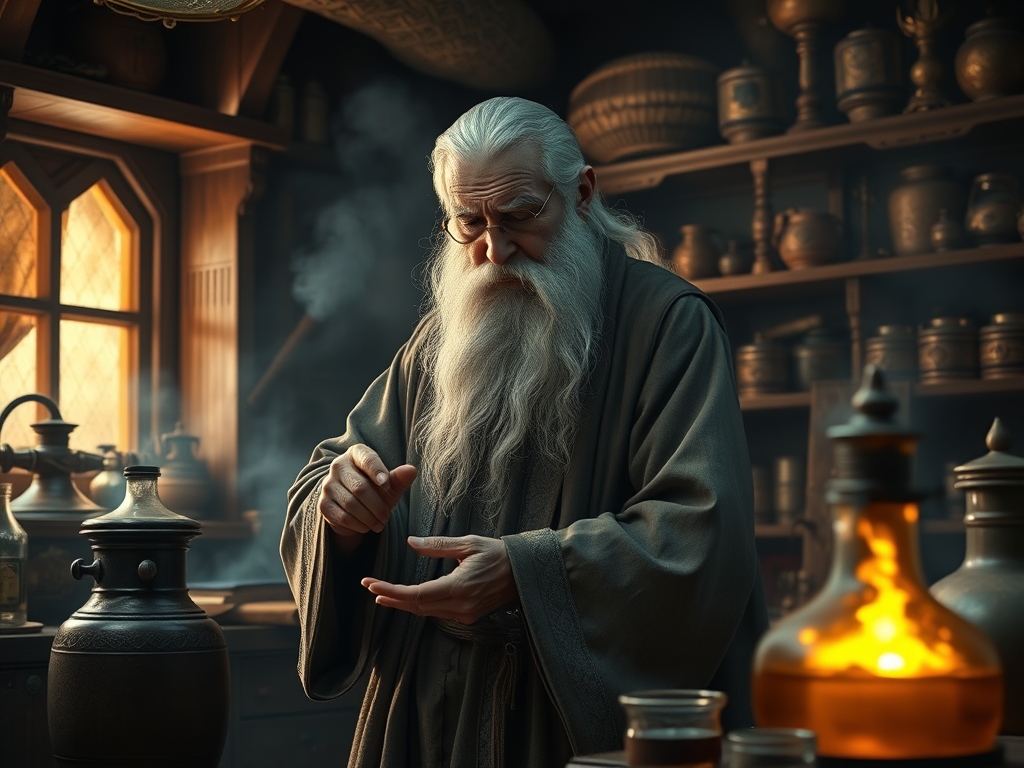 یک جادوگر اسرارآمیز در حال ساختن یک معجون درخشان در آزمایشگاهی تاریک و مه‌آلود.11