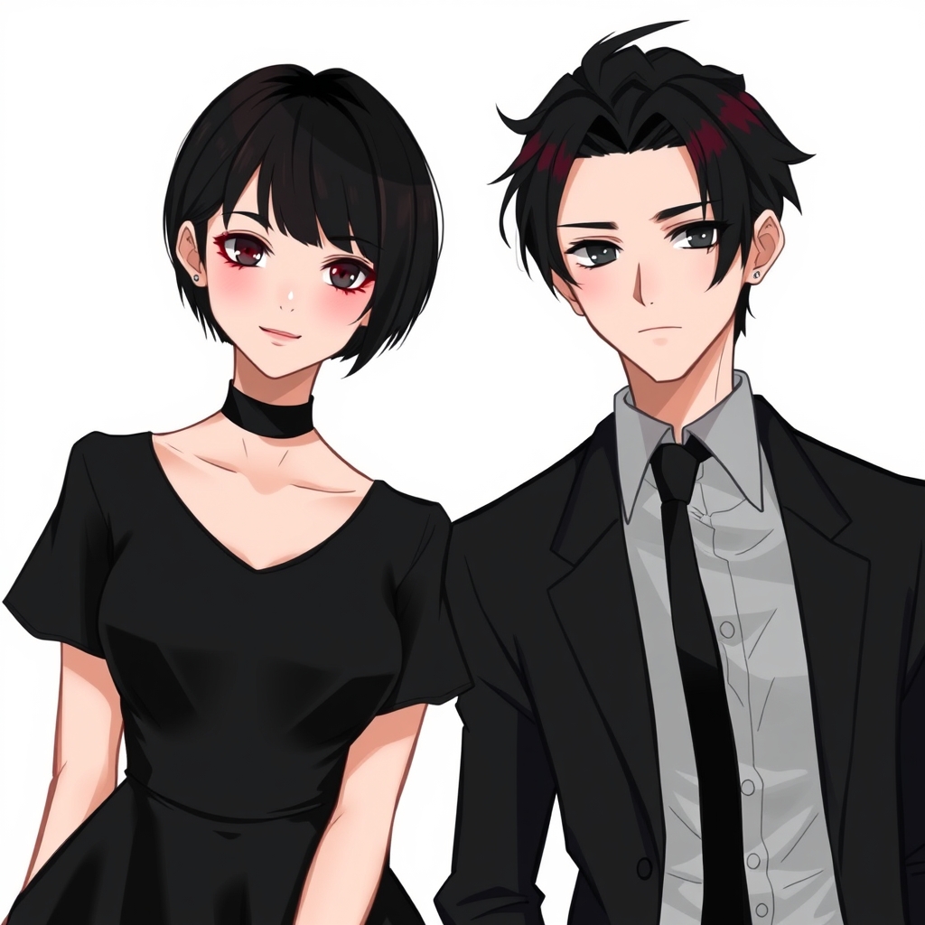 دختر و پسری که چشم هاشون مشکی .
دختره پایین موهایم سیاهش قرمز و پسره نیز دم موهای مشکیش زرشکی .
کاملا سیاه پوشیدن ، دختره پیراهن کوتاه مجلسی و پسره کت و شلوار 6