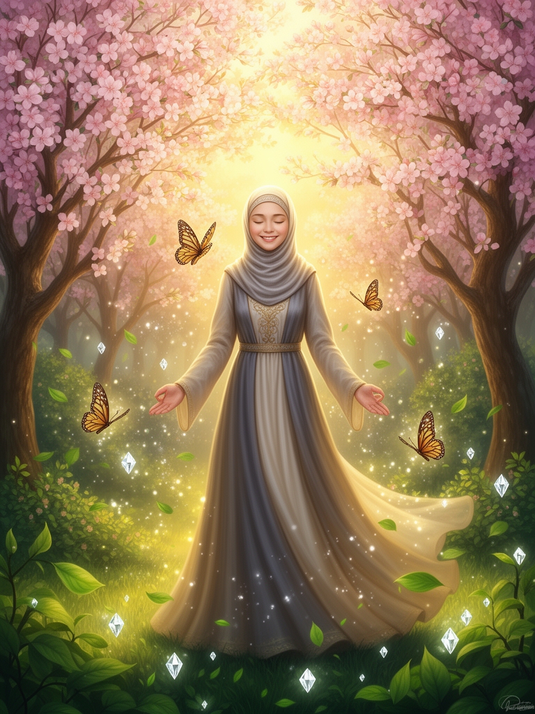 دختری محجبه با لباس بلند و زیبا، در باغ درختان شکوفه بهاری زیبا، ایستاده،لبخند زده، چشمانش را بسته و دارد به نیروی ماورای درون خود می اندیشد. 🦋✨🌿🌸💎1