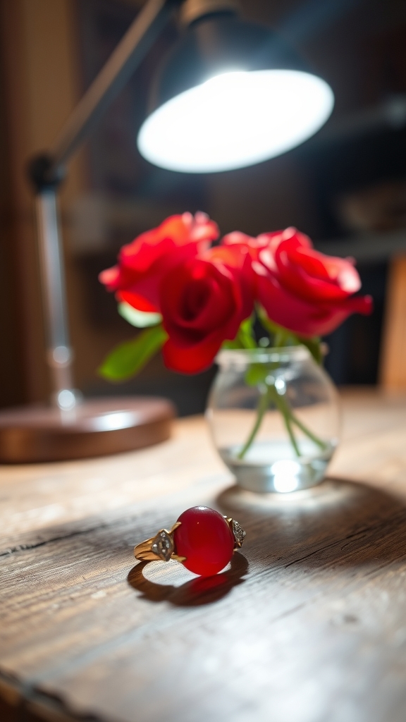 یک انگشتر عقیق سرخ روی یک میز چوبی و زیر نور چراغ مطالعه. کنار یک گلدان بلوری با چند شاخه گل سرخ15