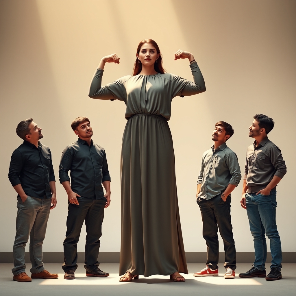 دختر قد بلند و عضله ای و قوی و چند برادر قد کوتاه او در کنار او و دختر قد بلند و عضله ای و قوی درحال نشان دادن بازو های خود به برادران خود4