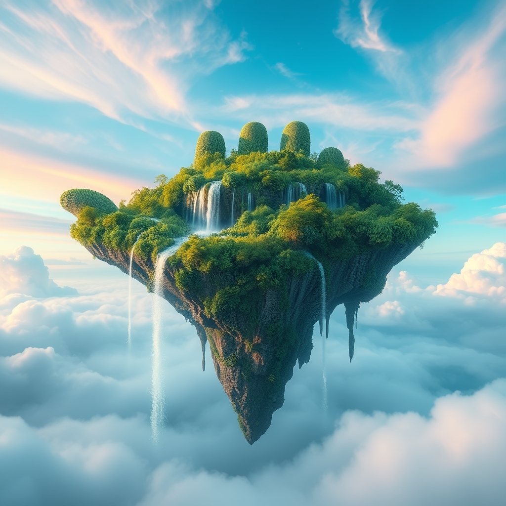 یک جزیره شناور سورئال به شکل دست، با آبشارهایی که از انگشتان جاری می‌شوند.1