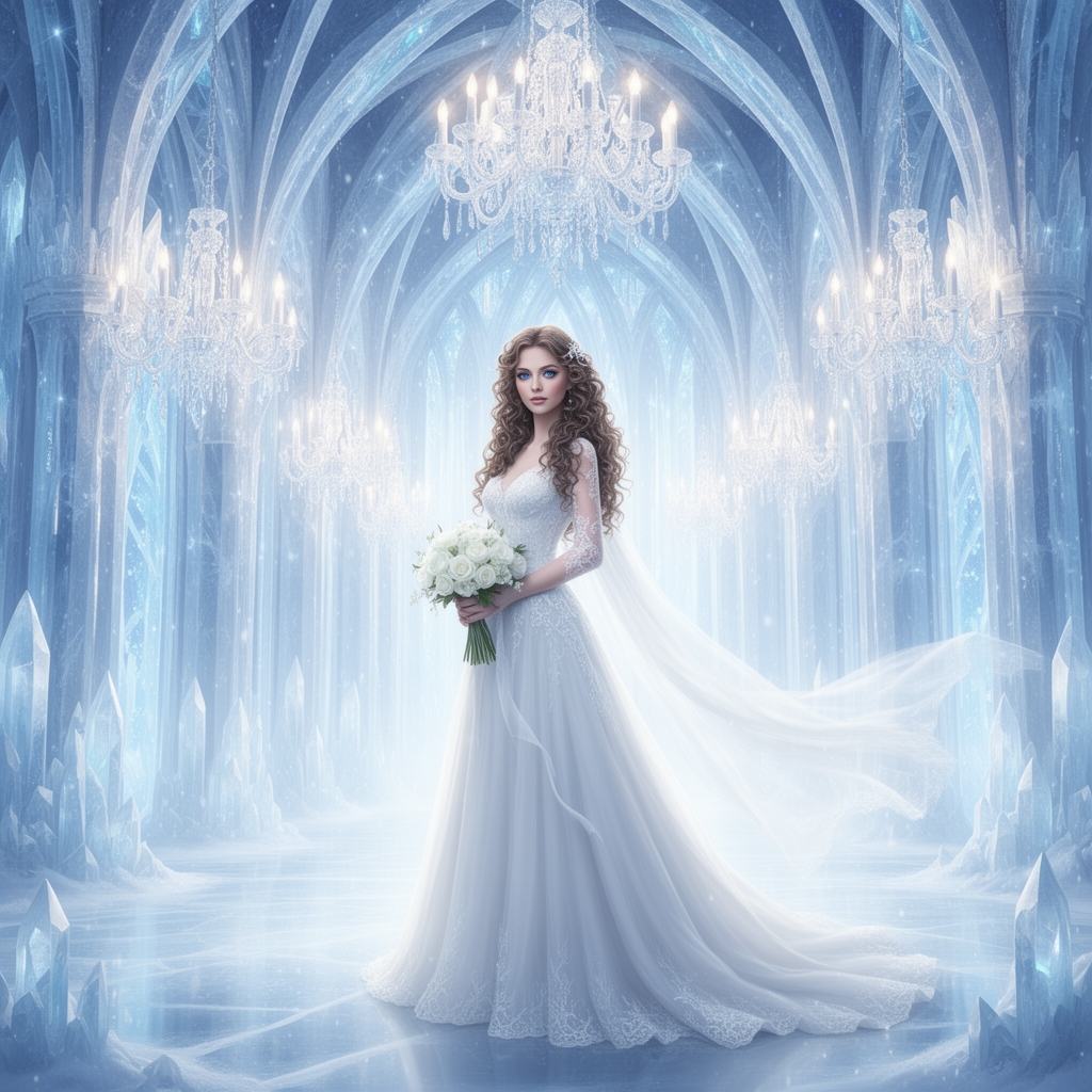 یک زن خیلی زیبا با لباس عروس چشمانی آبی دارد و موهایش بلند کرمی است با لباس عروس بلند سفید و دسته گل سفیدی دردست دارد و در قصر یخی باشکوه است1