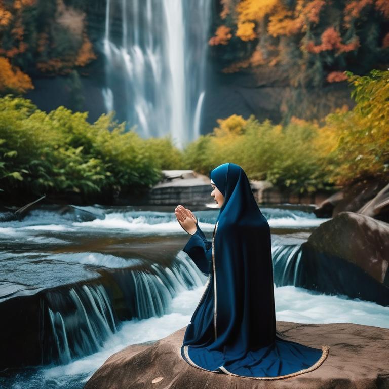 دختر محجبه ۱۸ ساله با لباس ها و چادری زیبا در حال عبادت کنار آبشار7