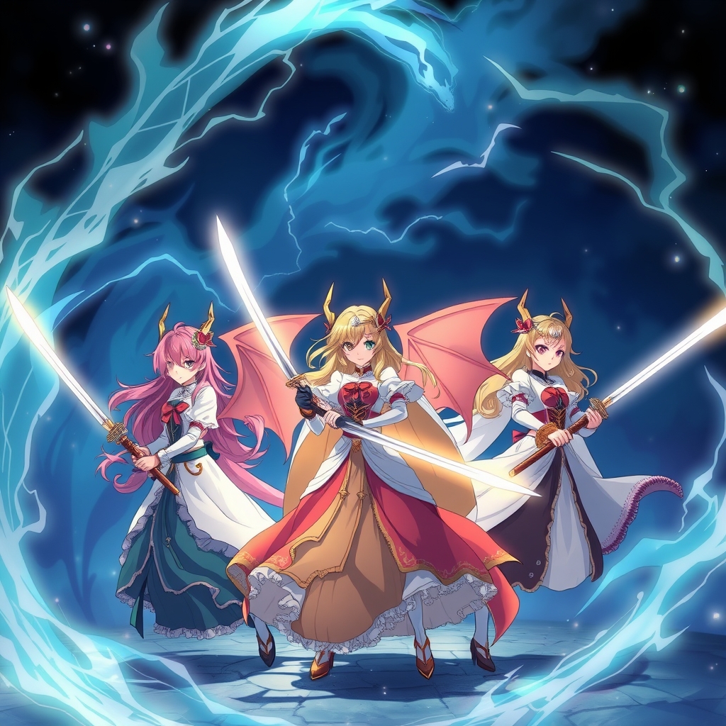 سه پرنسس اژدها در تلاطم نور حا در شب و یک شمشیر طلایی در دست 21